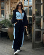 Ensemble deux pièces sweat-shirt à capuche patchwork en denim et pantalon long pour femmes