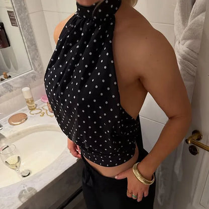 Débardeur court femme noir à pois et dos nu