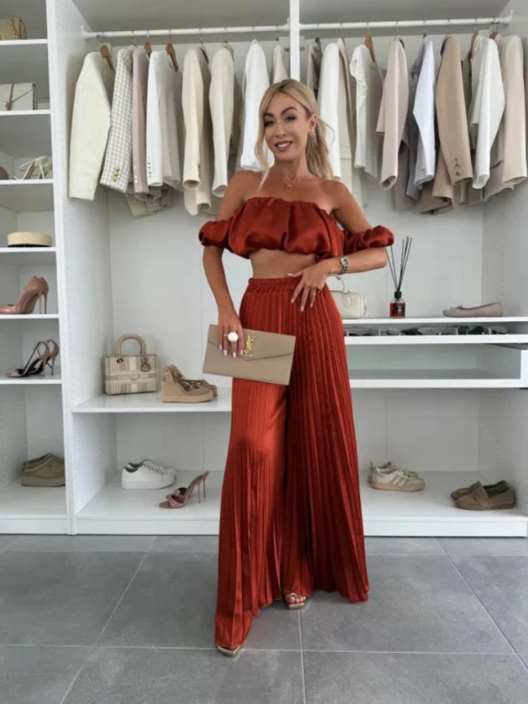 Ensemble haut sans bretelles et pantalon élastique pour femmes