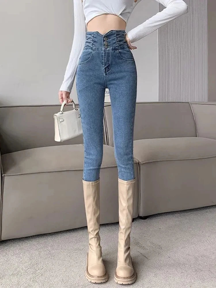 Jean crayon taille haute pour femmes