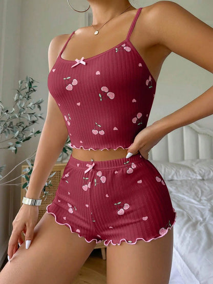 Pyjama d’Été Femme – Haut Court et Short à Cœurs