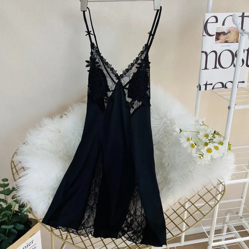 Robe de nuit Sexy en Satin ajouré et bretelles en dentelle pour femmes