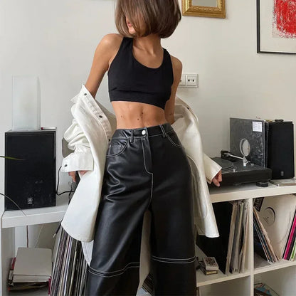 Pantalon Droit Taille Haute en Similicuir avec Poches