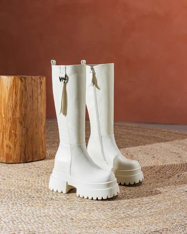 Bottes hautes en cuir véritable à plate-forme pour femmes