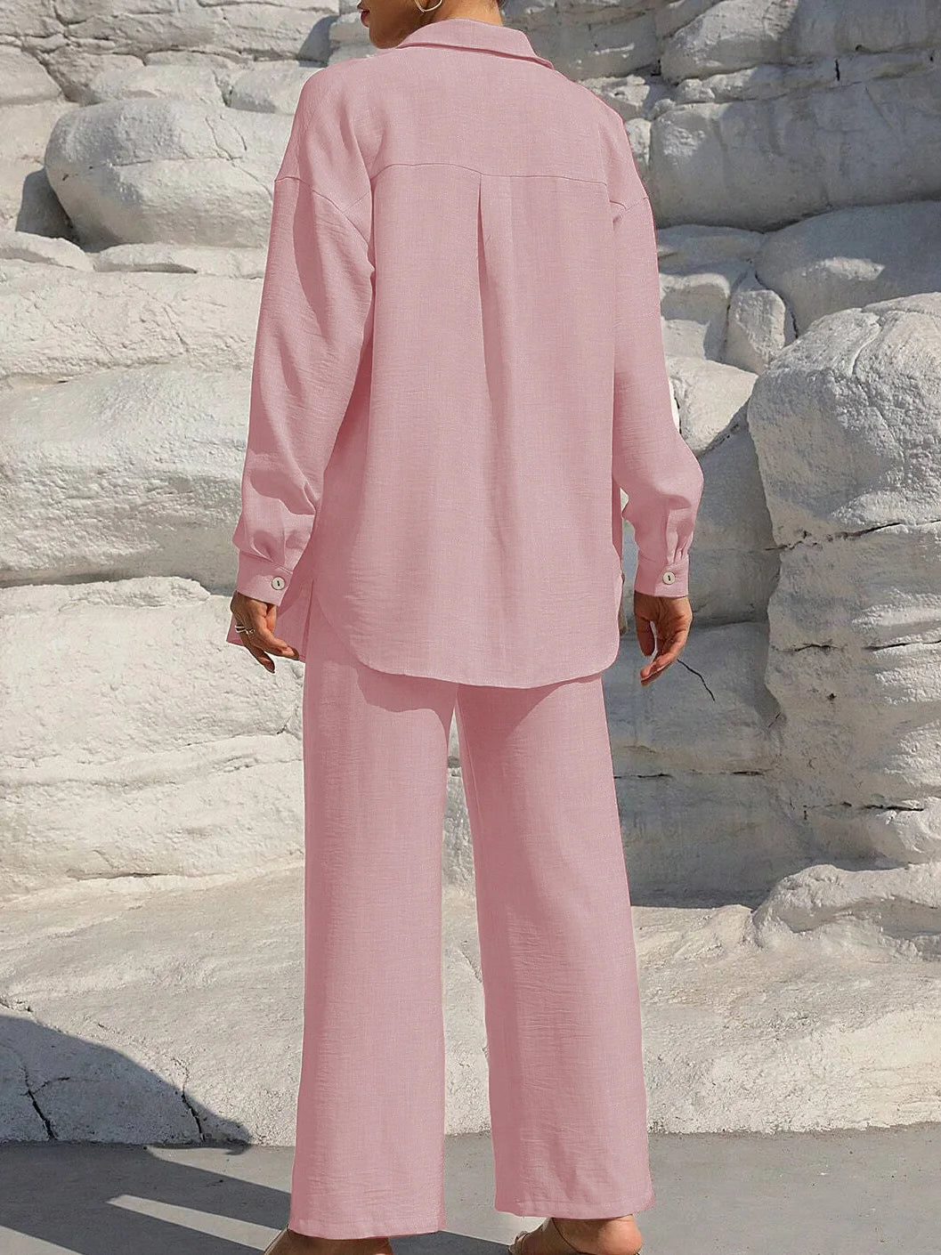 Ensemble deux pièces chemise boutonnée unie et pantalon large à nouer sur le devant pour femmes