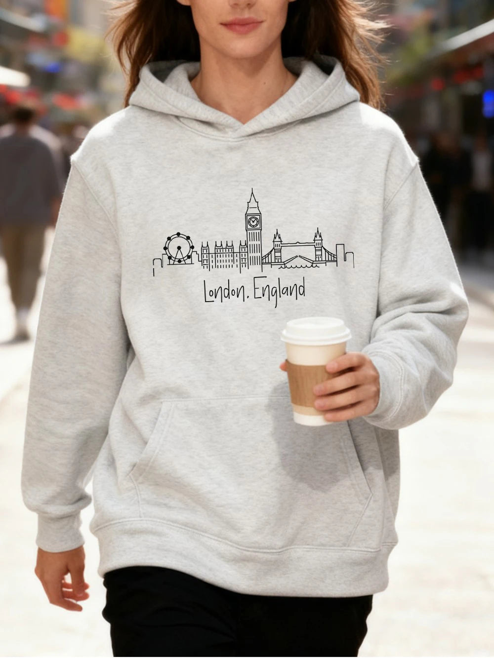 Sweat à capuche en coton imprimé lettres Londres Angleterre pour femmes