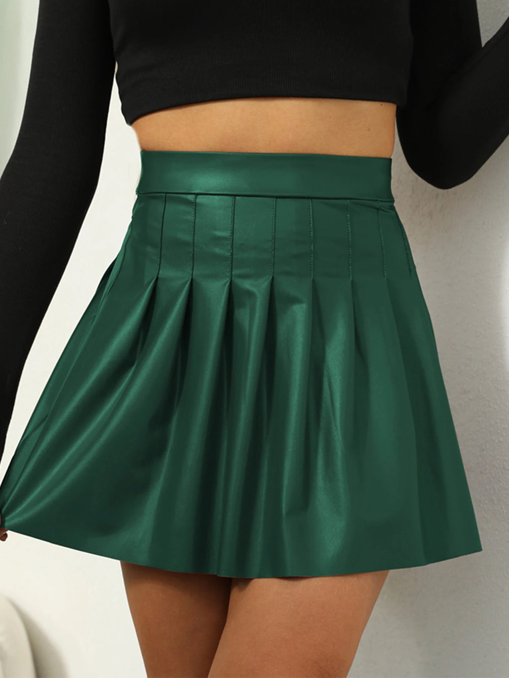 Mini jupe plissée en cuir noir marron pour femmes