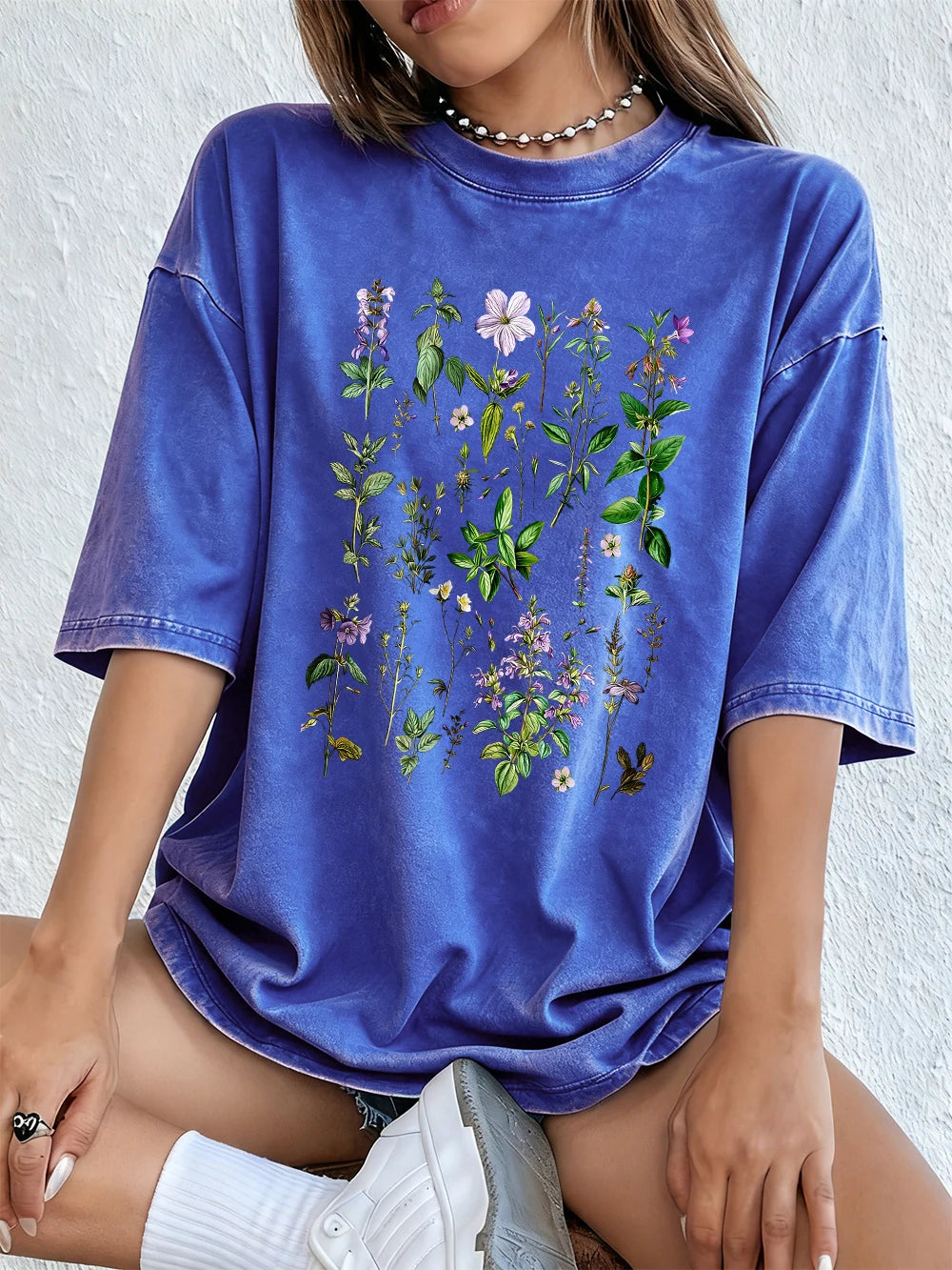 T-shirts en coton lavé à fleurs violettes et plantes herbacées pour femmes,