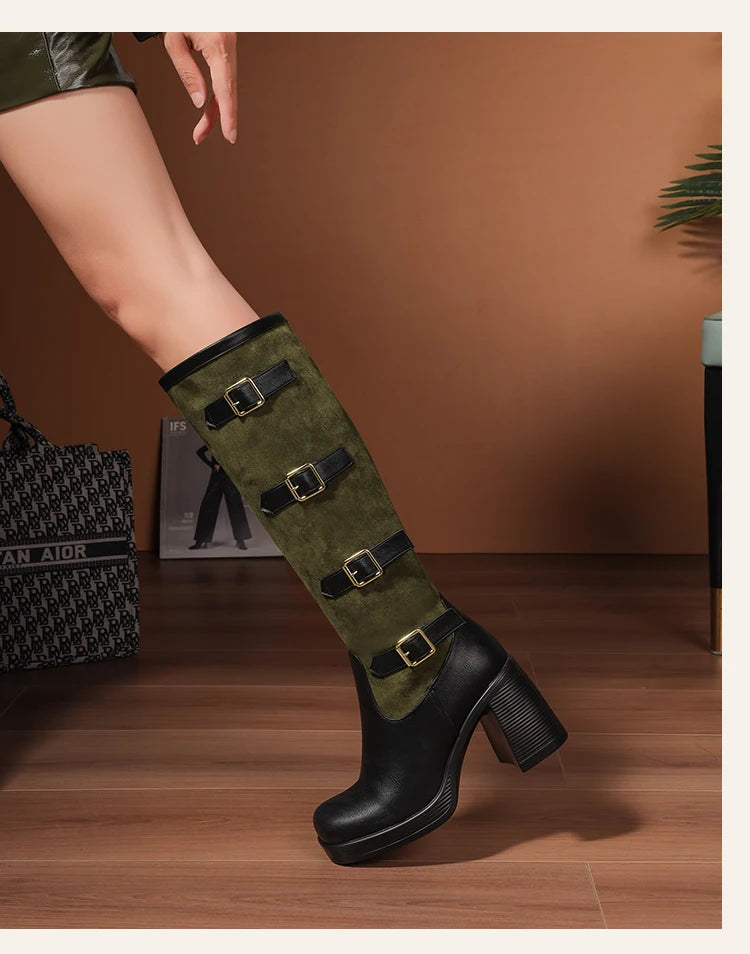 Bottes mi-mollet en PU givré avec boucle de ceinture à cinq rangées et talon ultra-haut pour femmes