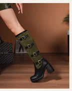 Bottes mi-mollet en PU givré avec boucle de ceinture à cinq rangées et talon ultra-haut pour femmes