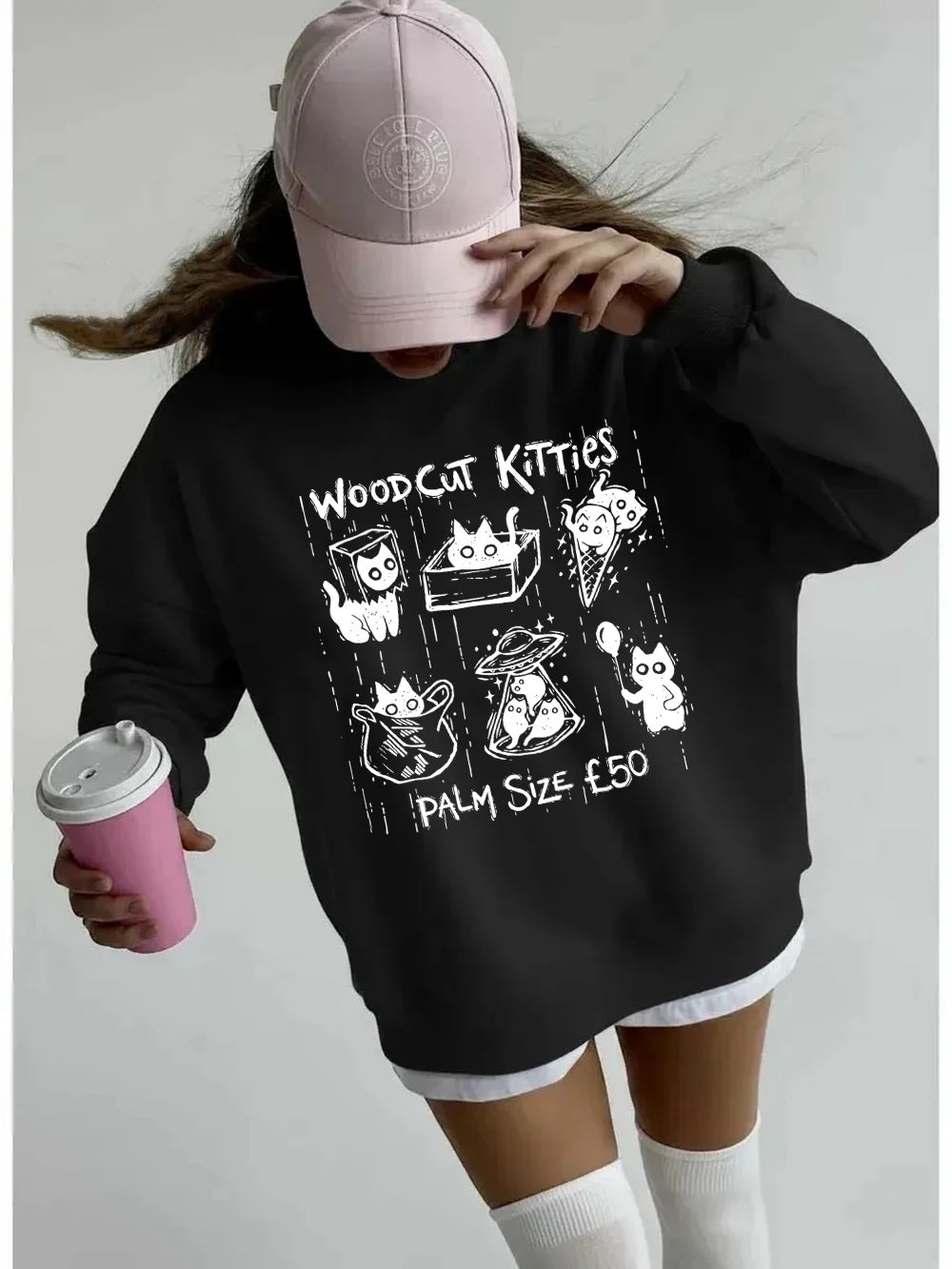 Sweat-shirt à capuche femme à col rond, imprimé chatons de poche pour femmes