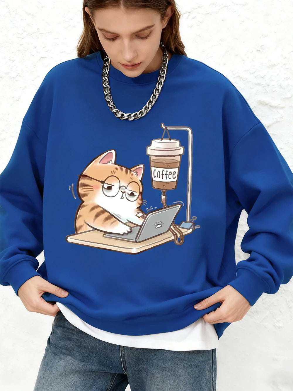 Sweat-shirt imprimé « Chats au travail avec du café » pour femmes