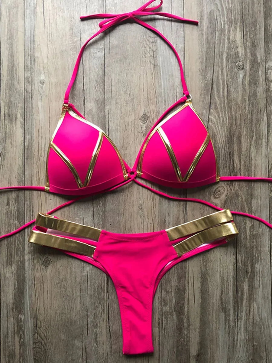 Maillot de bain deux pièces soutien-gorge push up et string pour femmes