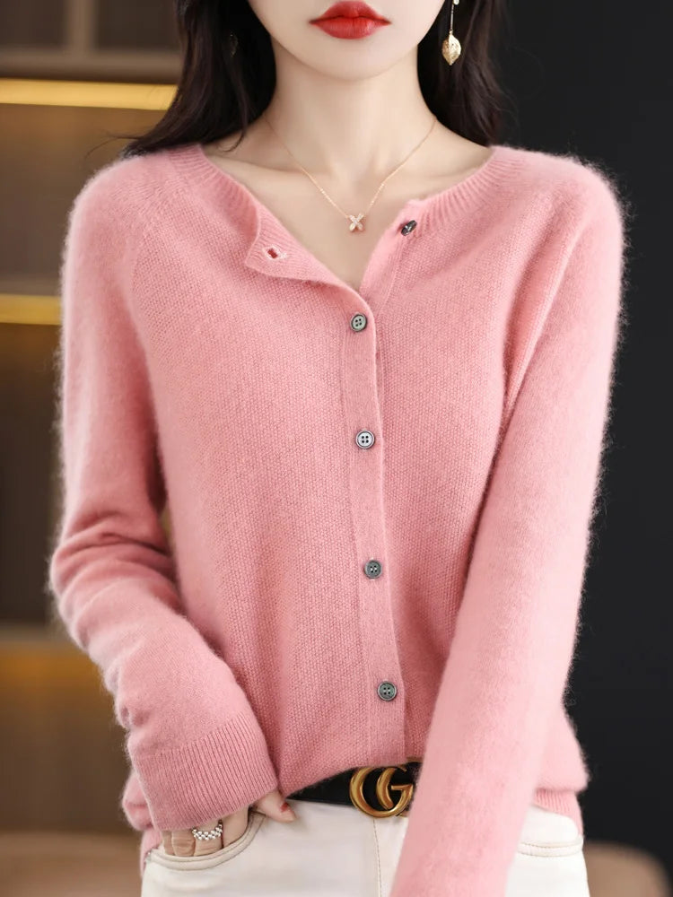 Cardigan à col rond en laine mérinos pour femmes