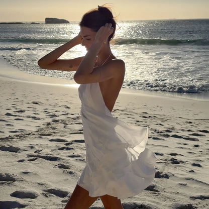 Robe de plage femme blanche dos nu en mousseline