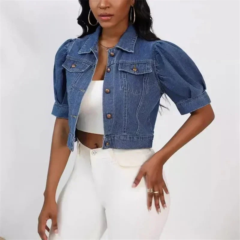 Veste court en jean à revers pour femmes