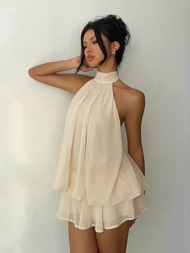 Robe Courte Femme – Mousseline, Col Licou et Dos Nu