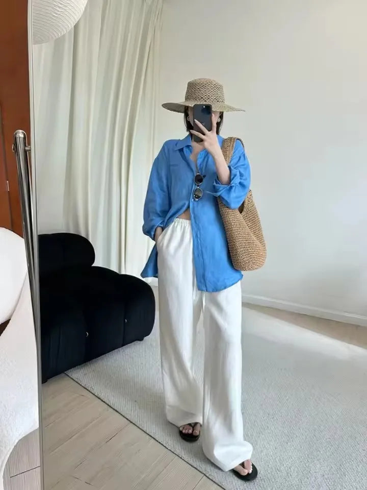 Pantalon d’Été Femme – Lin Blanc et Coupe Ample