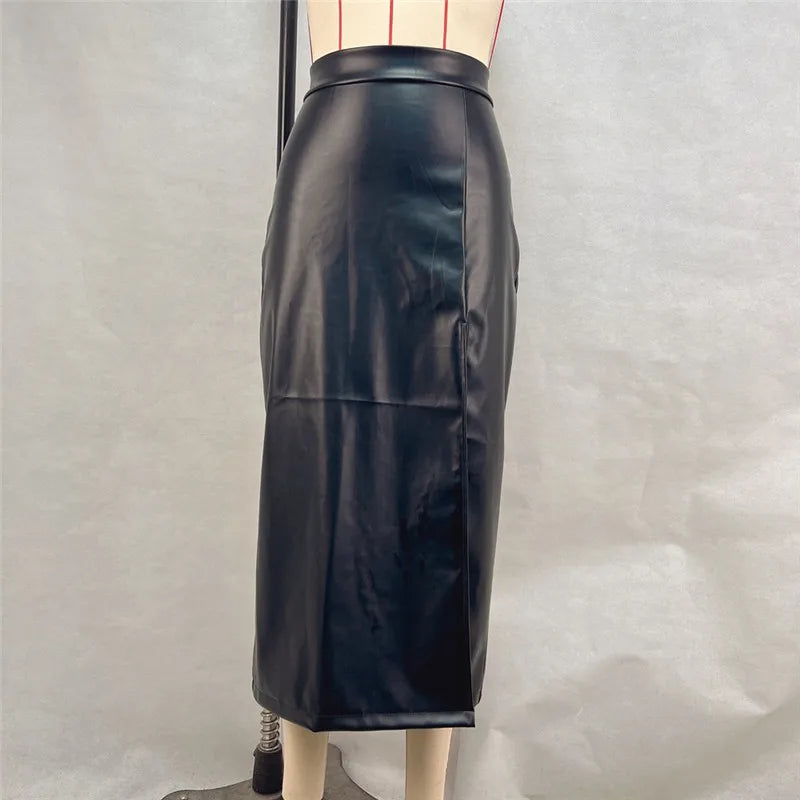 Jupe Midi Femme en Similicuir à Fente Haute