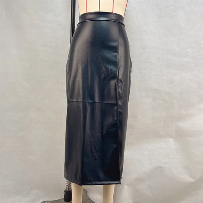 Jupe Midi Femme en Similicuir à Fente Haute