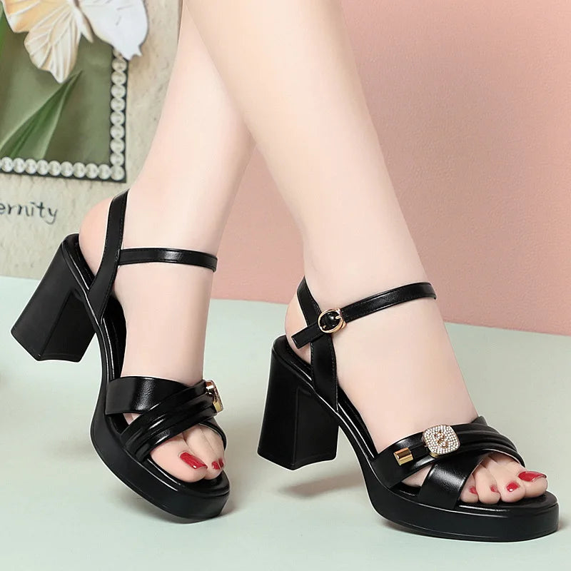 Sandales en cristal en cuir talons pour femmes