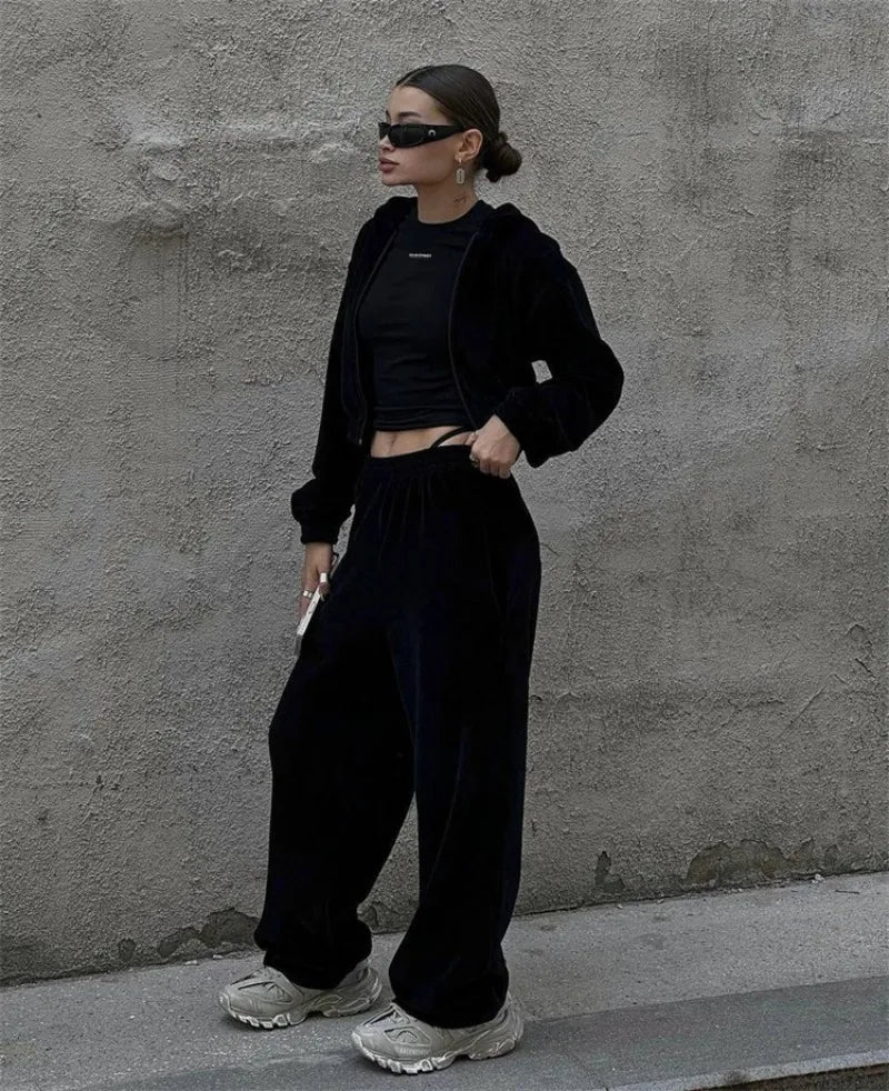 Ensemble deux pièces cardigan à capuche à manches longues et pantalon taille élastiquée pour femmes