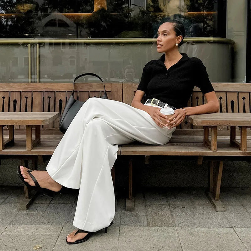 Pantalon blanc taille haute à jambes larges pour femmes