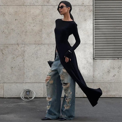 Haut Long Femme Noir Asymétrique à Fente Haute