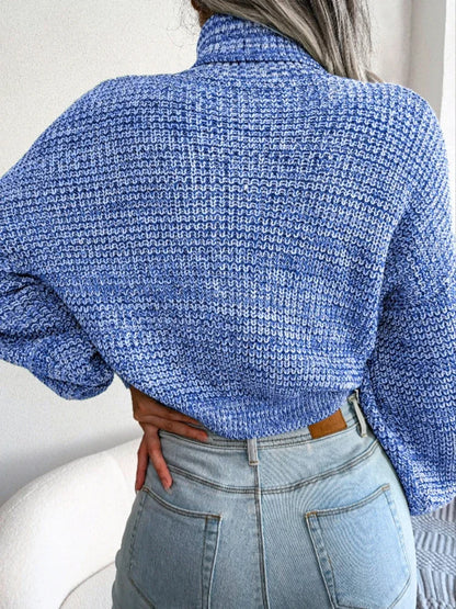 Pull Côtelé Femme – Col Roulé et Manches Lanterne