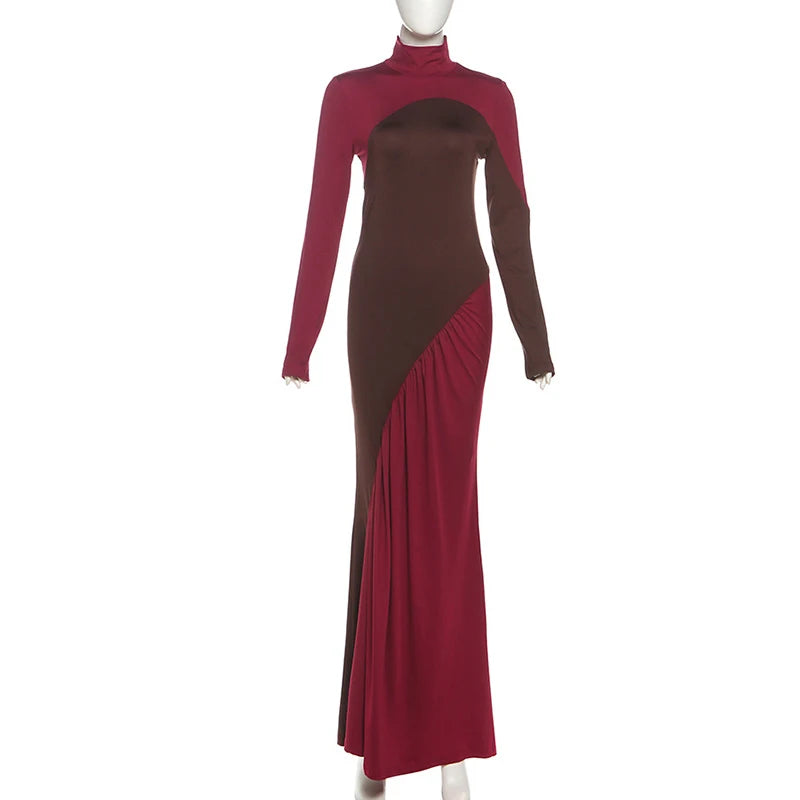 Robe longue femme ajustée multicolore à col montant et manches longues