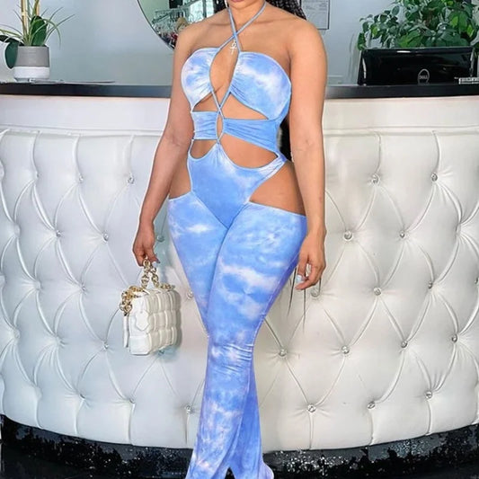 Combinaison d’été tie-dye à décolleté plongeant pour femme