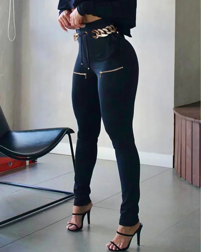 Pantalon slim sans ceinture décontracté taille haute femmes