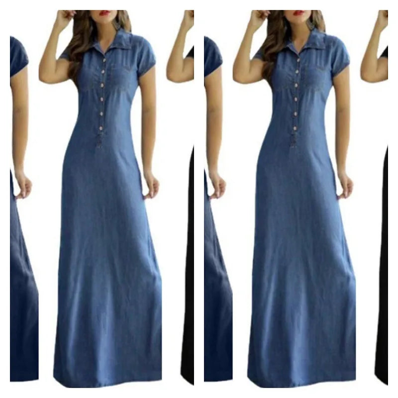 Robe longue en jean décontractée à col de chemise pour femmes