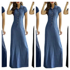 Robe longue en jean décontractée à col de chemise pour femmes