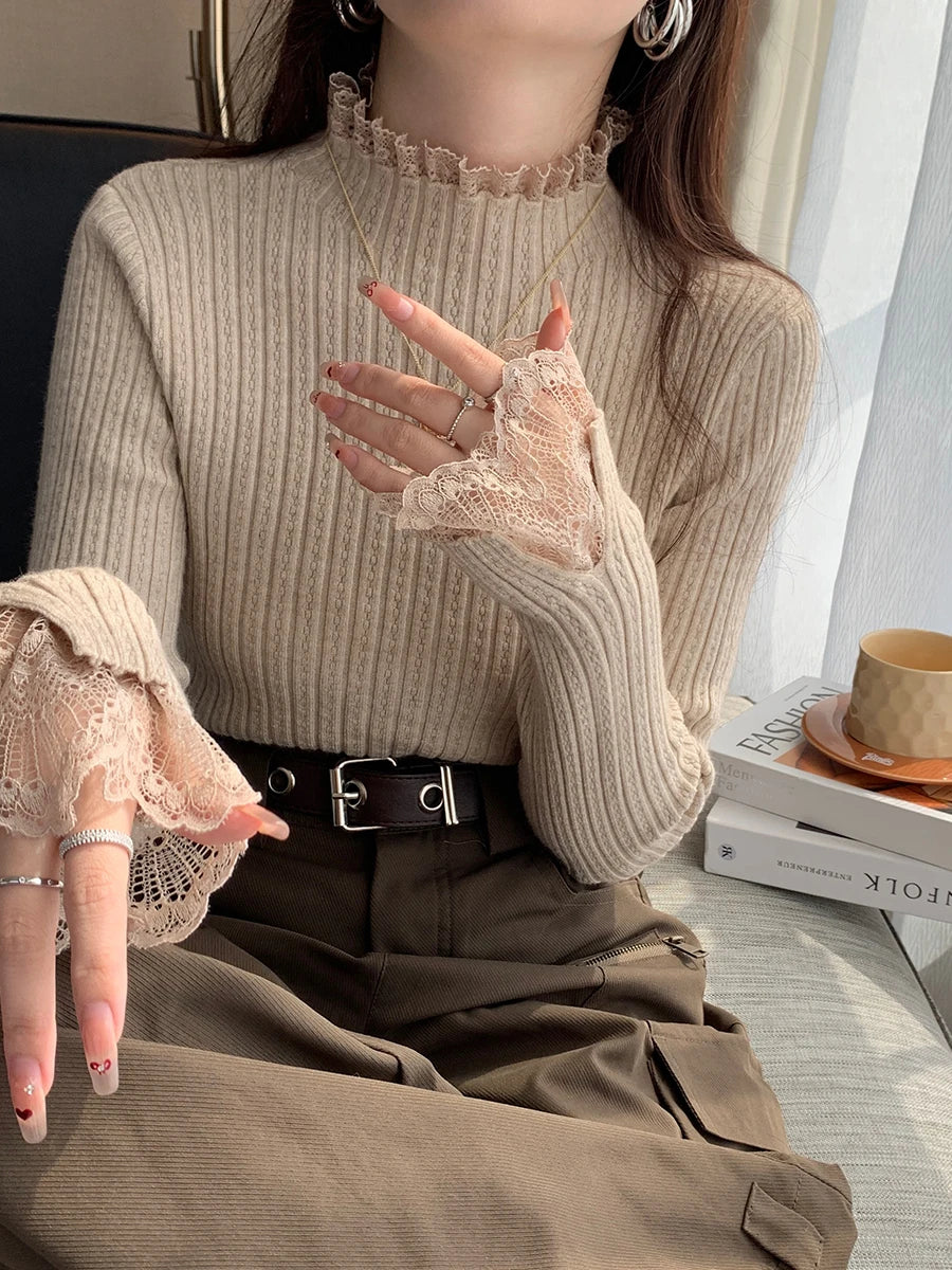 Pull Effet Deux Pièces Femme – Dentelle, Col Roulé et Volants