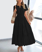 Robe longue plissée élégante style français à col en V pour femmes