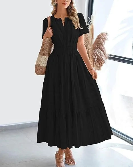 Robe longue plissée élégante style français à col en V pour femmes