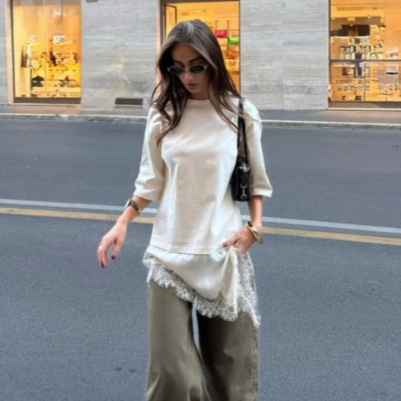 T-shirt en dentelle patchwork pour femmes