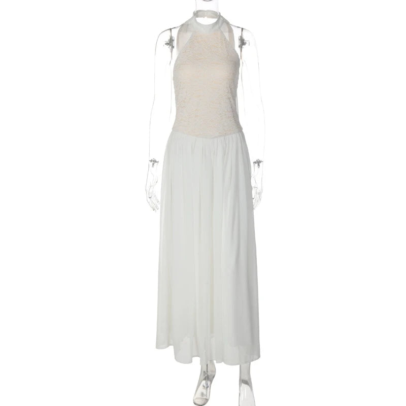 Robe longue blanche dos nu en dentelle pour femmes