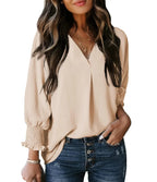 Chemise à col en V et manches longues lanterne pour femmes