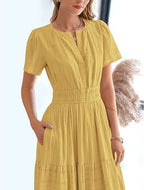 Robe longue plissée élégante style français à col en V pour femmes