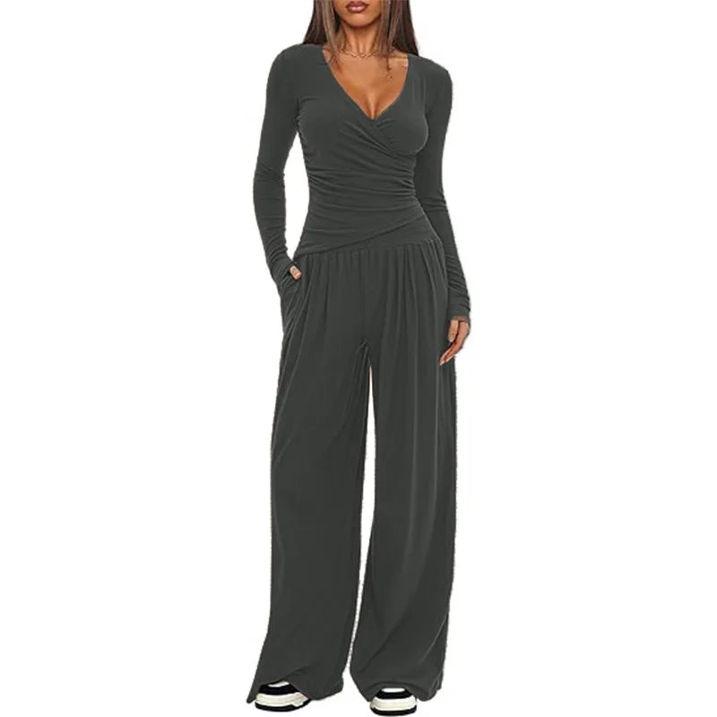 Ensemble deux pièces pantalon à jambes larges et haut à manches longues pour femmes
