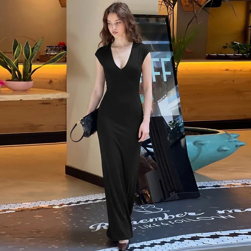 Robe longue moulante élégante à col en V en maille premium pour femmes