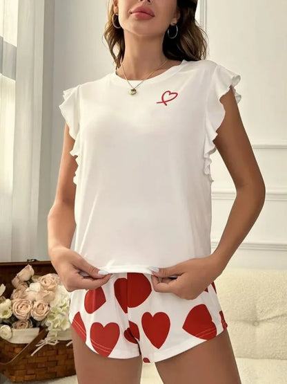 Pyjama d’Été Femme – Imprimé Cœurs Décontracté