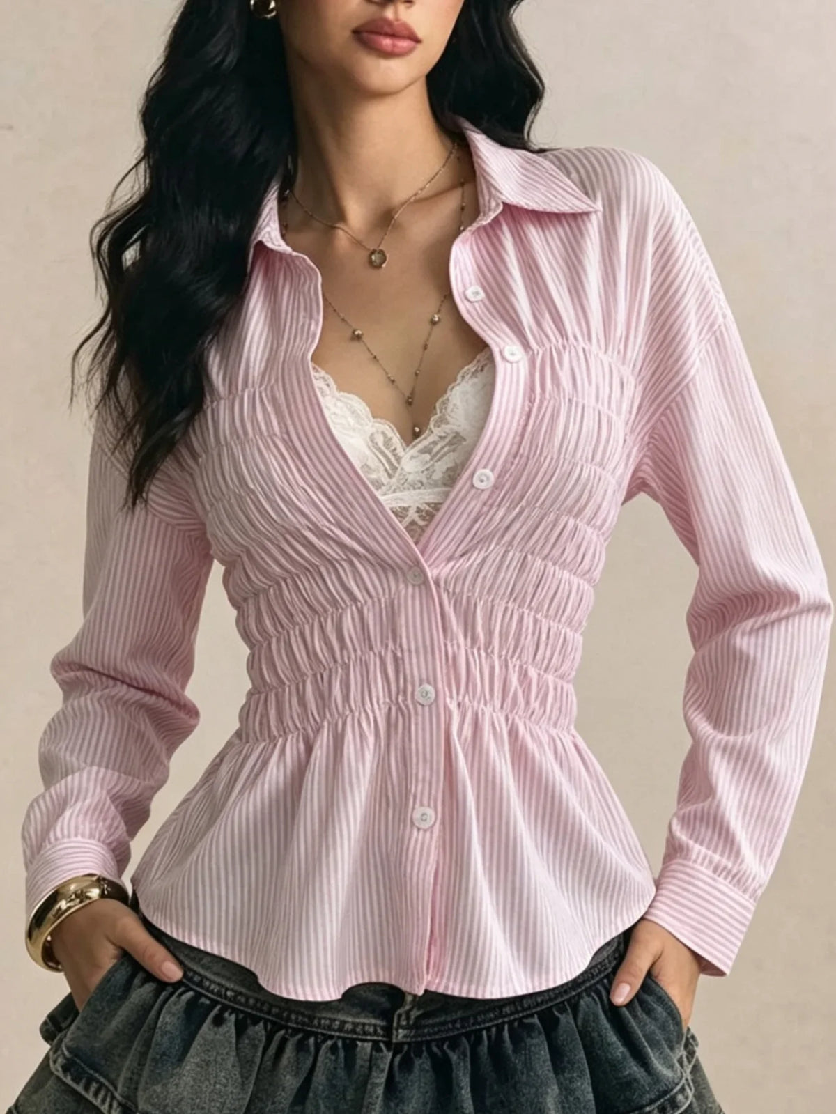 Chemisier Rayé Femme – Taille Froncée et Col Élégant