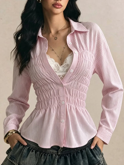 Chemisier Rayé Femme – Taille Froncée et Col Élégant