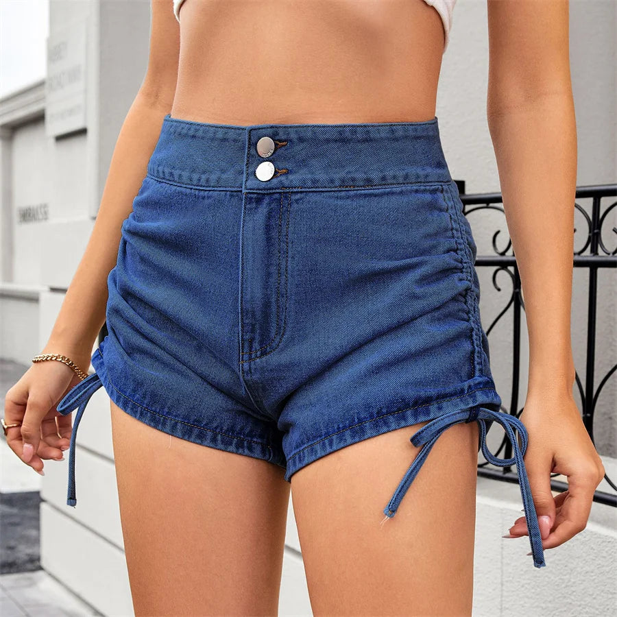 Short en jean taille haute avec cordon de serrage latéral pour femmes