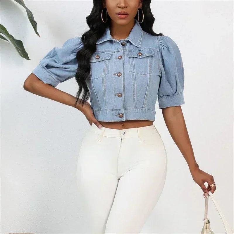 Veste court en jean à revers pour femmes