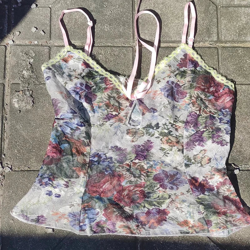 Débardeur en maille transparente à imprimé floral pour femmes