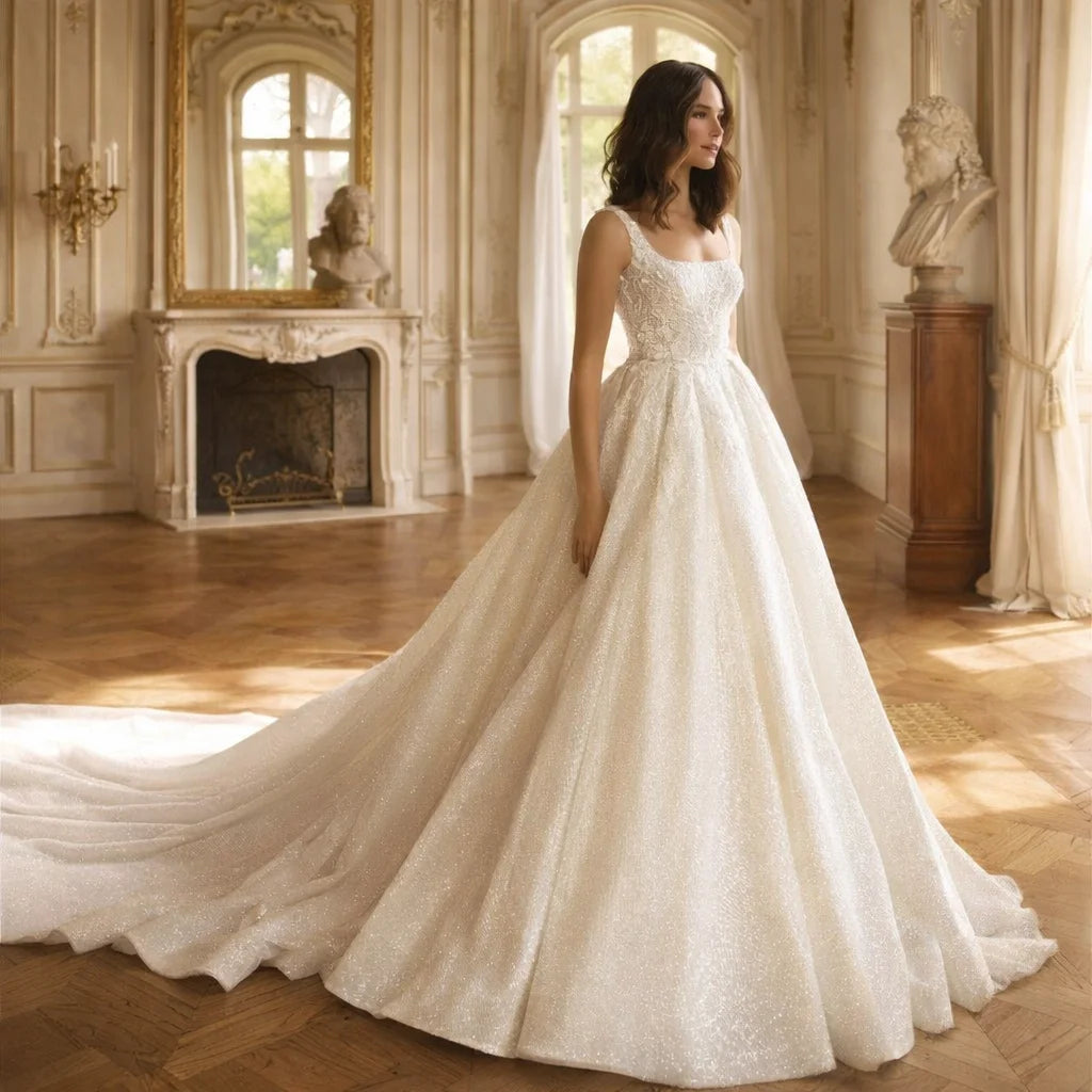 Robes de mariée sans manches et col carré pour femmes